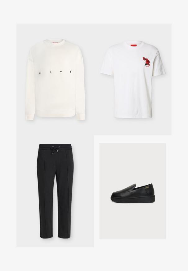 Sweat-shirt blanc à manches longues avec col rond, imprimé "HUGO" en lettres noires espacées sur la poitrine.; T-shirt blanc à manches courtes avec col rond, petit motif rouge de rose et texte "HUGO" sur la poitrine gauche.; Pantalon noir fuselé avec une taille élastique et un cordon, présentant une subtile texture côtelée verticale.; Chaussure plateforme noire en cuir à enfiler, avec une semelle épaisse et un petit logo doré "HUGO" près du talon sur un fond clair uni.