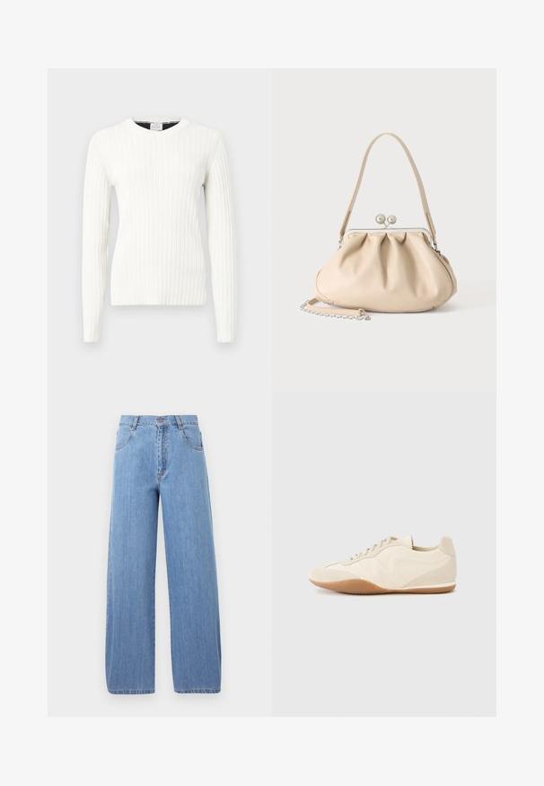 Pull tricot côtelé blanc à manches longues, col rond et texture douce. Présente une silhouette ajustée et des lignes horizontales subtiles.; Jeans en denim bleu clair à jambes larges, dotés d'une taille haute, de poches avant et de détails de couture subtils sur les coutures.; Baskets beige clair avec une tige en cuir texturé, des panneaux latéraux texturés et une semelle en caoutchouc. Dotées d'un design fin et épuré ainsi que de lacets plats.; Sac à main en cuir souple beige avec un fermoir en métal argenté, une bandoulière simple et une bandoulière chaîne optionnelle sur fond blanc.