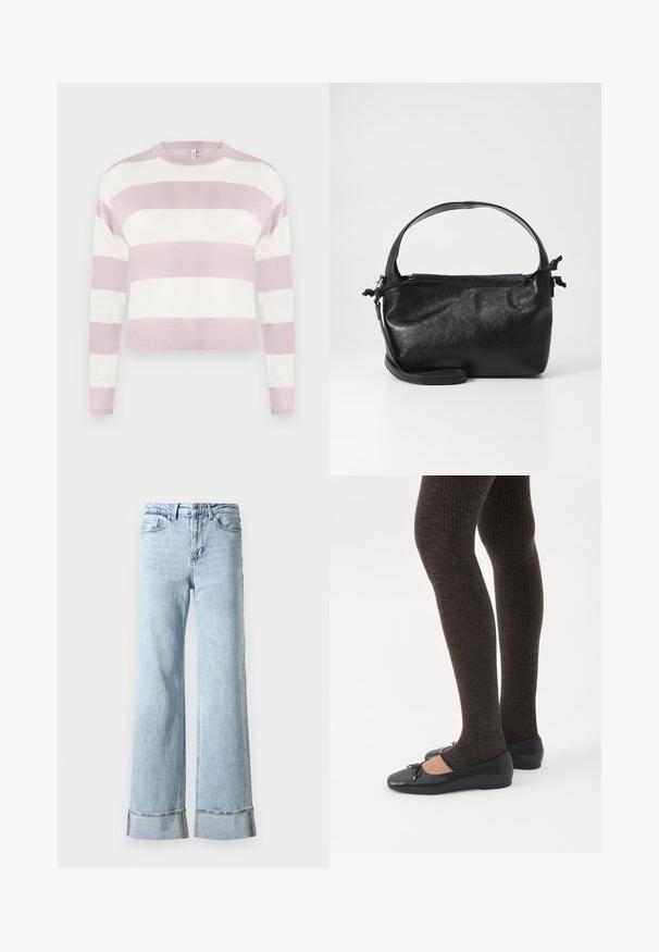 Pull en maille rayé rose clair et blanc, à manches longues, col rond et poignets côtelés, avec un design court et une texture lisse.; Jeans en denim bleu clair avec des jambes larges, des ourlets effilochés et des détails décoratifs en rhinestones aux poignets. Design standard à cinq poches.; Jambes portant des leggings côtelés foncés associés à des ballerines noires avec de petits détails en nœud sur fond blanc.; Sac à main en cuir noir au design structuré, avec une poignée arrondie et une bandoulière amovible. Présente une texture lisse et un éclat subtil.