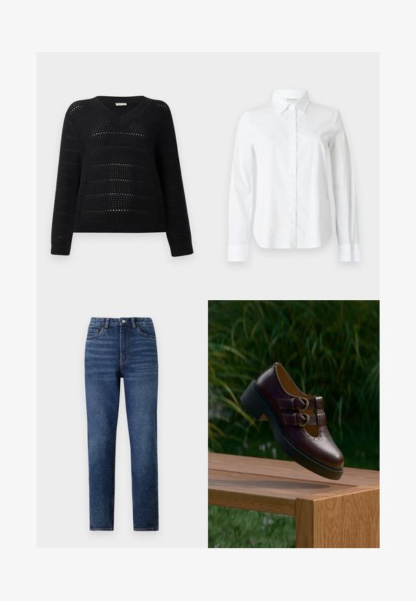 TOM TAILOR DENIM V NECK - Svetrík - deep black; Biele dlhé rukávy košeľa s gombíkmi, vyrobená z bavlny. Má špicatý golier, plnú gombíkovú prednú časť a manžety s hladkou textúrou.; Džínsy s vysokým pásom, modré, s rovnými nohavicami, ktoré majú jemné oprania, jednoprevodový zapínací gombík a dizajn s piatimi vreckami.; Tmavohnedá kožená topánka s dvojitými prackami, perforovanými detailmi a hrubou čiernou podrážkou, visiaca nad dreveným stolom vonku.