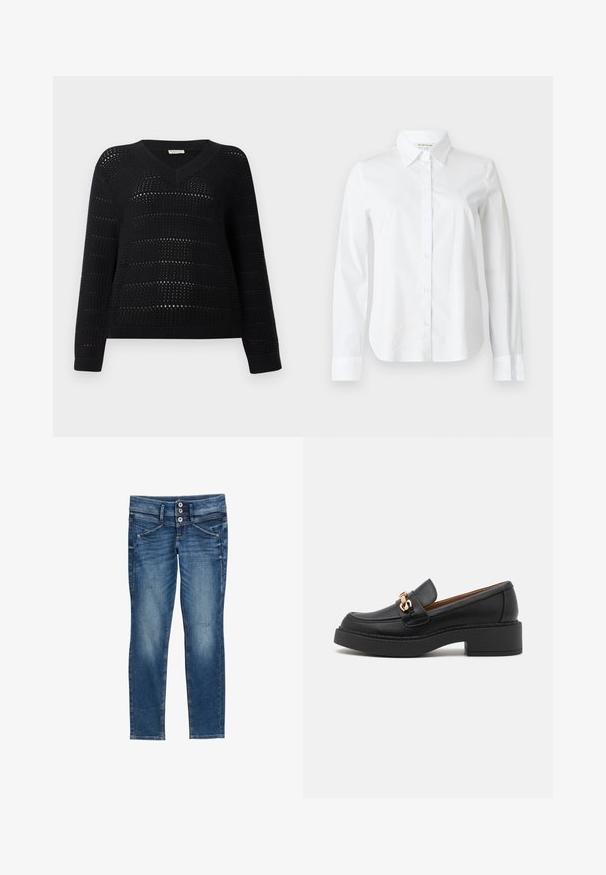 TOM TAILOR DENIM V NECK - Svetrík - deep black; Biele dlhé rukávy košeľa s gombíkmi, vyrobená z bavlny. Má špicatý golier, plnú gombíkovú prednú časť a manžety s hladkou textúrou.; Modré vyblednuté skinny džínsové nohavice s dvojitým zapínaním na gombíky, prednými vreckami a jemnými opotrebovanými detailmi na nohaviciach.; Čierny kožený mokasín s masívnou podrážkou na platforme, ozdobený zlatým reťazovým detailom a viditeľným prešitím. Hladká textúra a elegantný dizajn.