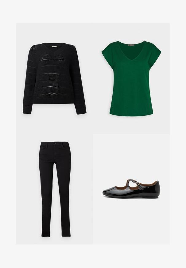 TOM TAILOR DENIM V NECK - Neule - deep black; Vihreä lyhythihainen T-paita V-aukkosuunnittelulla, joka on valmistettu pehmeästä puuvillakankaasta. Paita on selkeälinjainen ja rento malli.; Musta denim laihahousut matalalla vyötäröllä, edessä taskut ja nappisuljenta. Ominaisuudet sileä pinta ja minimalistinen muotoilu.; Musta kiiltonahkainen Mary Jane -tyylinen matala kenkä, jossa kaksi leikkauksia ja kultainen solkisomiste valkoisella taustalla.