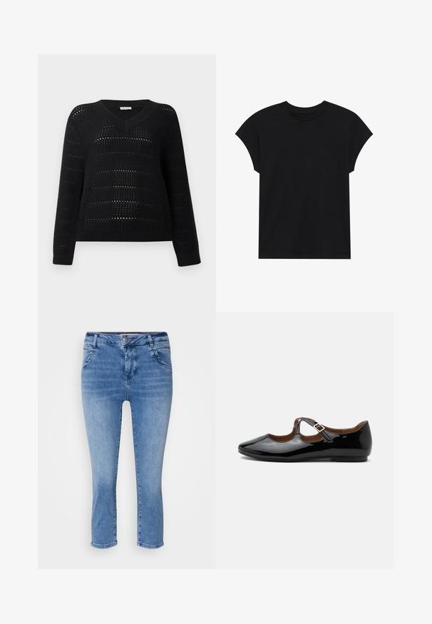 TOM TAILOR DENIM V NECK - Pullover - deep black; T-shirt en coton noir avec un col rond, des manches courtes et une coupe décontractée. Texture lisse sans motifs ni embellissements visibles.; Jeans en denim bleu clair au design ajusté, taille mi-haute et longueur cropped. Comprend quatre poches et une fermeture à bouton.; Chaussure plate Mary Jane en cuir verni noir avec deux découpes et une bride à boucle dorée sur fond blanc.