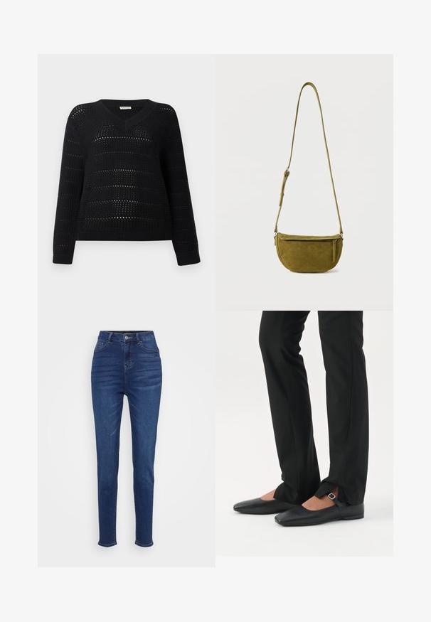 TOM TAILOR DENIM V NECK - Pullover - deep black; Jean taille haute, ajustement slim en denim bleu foncé. Comprend cinq poches, des passants de ceinture et une fermeture à bouton avec un léger dégradé le long des jambes.; Jambes vêtues d’un pantalon slim noir avec des fentes à l’avant de l’ourlet, assorties à des chaussures plates Mary Jane noires avec une petite bride à boucle.; Sac bandoulière en daim vert olive avec sangle réglable et poche avant zippée sur fond blanc uni.