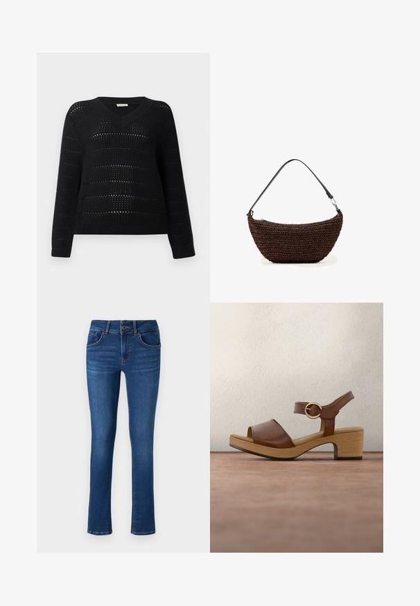 TOM TAILOR DENIM V NECK - Pullover - deep black; Jean en denim bleu moyen, avec une coupe droite, cinq poches et des détails de couture près des poches et de la ceinture.; Sandale en cuir marron avec un talon épais en bois. Design à bout ouvert, bride de cheville avec boucle ronde, doublure intérieure douce, texture lisse.; Sac à main brun tissé en forme de croissant avec une bandoulière noire réglable et un détail de fermeture métallique sur fond blanc.