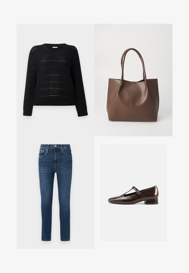 TOM TAILOR DENIM V NECK - Trui - deep black; Donkerblauwe denim jeans met een slim fit, vijf-pocket ontwerp, koperen knoopaccenten en een lichte vervaging aan de voorkant. Schoon zoom en standaard tailleband.; Bruine lakleren Mary Jane-schoenen met een afgeronde neus, een uitgesneden ontwerp en een verstelbare riem. Lage blokhak.; Bruine leren tote bag met twee lange handvatten, gestructureerde vorm, gladde textuur en minimalistisch design. Geen zichtbare hardware of accenten.
