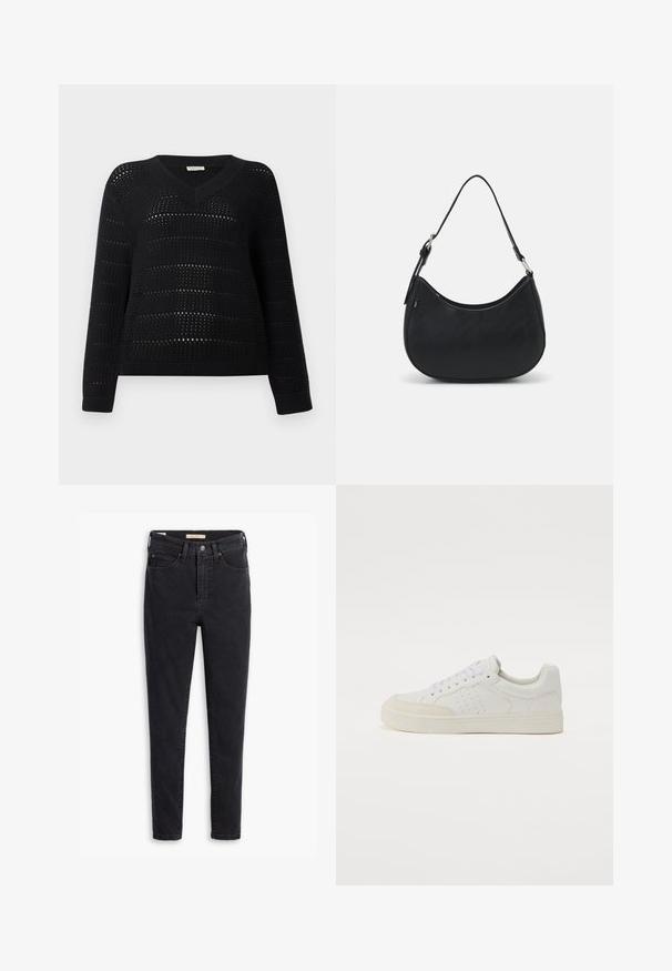 TOM TAILOR DENIM V NECK - Pullover - deep black; Jean en denim noir caractérisé par une taille haute, une coupe slim et des détails de couture minimalistes. Le tissu présente une légère texture avec une finition lisse.; Sneaker en cuir blanc avec profil bas, bout rond, accents perforés, lacets plats et semelle en caoutchouc. Design minimaliste avec des détails beiges.; Sac hobo noir en cuir lisse avec une silhouette arrondie, doté d'une seule sangle ajustable et de détails de design minimalistes.