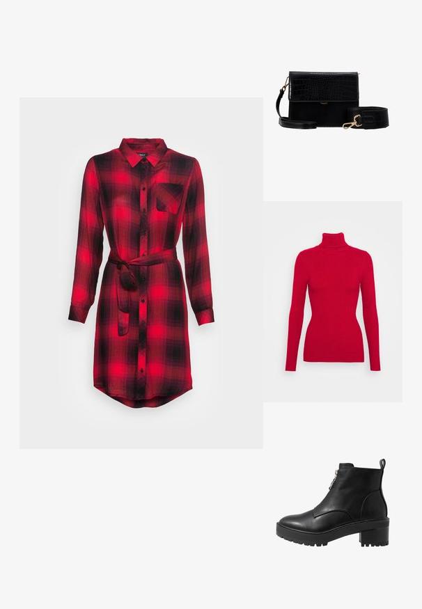 Suéter rojo de cuello alto con acanalado, mangas largas, tejido texturizado, silueta ajustada y cuello alto. Sin adornos visibles.; Vestido camisero de cuadros en rojo y negro, con botones en el frente, mangas largas, un bolsillo en el pecho, cintura ceñida con cinturón, tejido ligero y dobladillo curvado.; Bota negra de cuero hasta el tobillo con cierre de cremallera lateral, tacón grueso negro y suela texturizada para una mejor tracción. Acabado liso con acentos mínimos.; Bolso bandolera de faux cuero negro con textura de cocodrilo, herrajes dorados y una correa desmontable. Cuenta con un cierre de solapa y un compartimento interior.