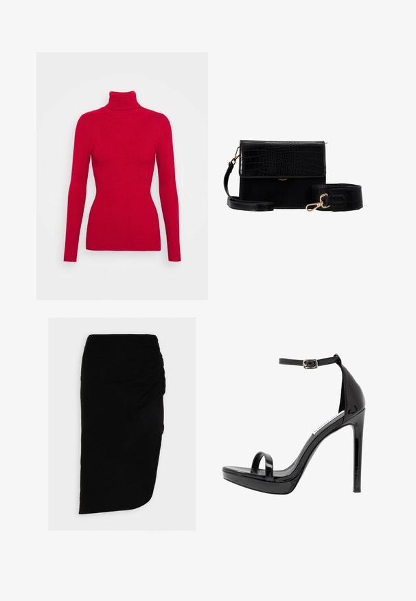 Červený rebrovaný rolák s dlhými rukávmi, textúrovaná tkanina, priliehavý strih a vysoký golier. Žiadne viditeľné ozdoby.; Pieces PCSTINA HIGH SLIT SKIRT - Puzdrová sukňa - black; Steve Madden MILANO - Sandále na vysokom opätku - black; Čierna faux kožená crossbody taška s krokodílou textúrou, zlatým kovovým zložením a odnímateľným popruhom. Obsahuje uzáver na klapku a vnútorný priestor.