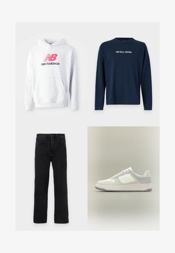 Lichtgrijze hoodie met een voorste kangoeroezak en een rood "NB" logo boven de tekst "new balance" in zwart op de borst.; Marineblauwe lange mouw t-shirt van katoen met een ronde hals en de tekst "RED BULL RACING" in het wit over de borst.; Zwarte denim jeans met rechte pijpen, voorkant met knoop- en ritssluiting, riemlussen en klassiek ontwerp met vijf zakken, weergegeven tegen een effen achtergrond.; Witte en lichtgrijze sneaker met lage schoenlip, geperforeerde neus, vetersluiting en geruite rubberen zool op een neutrale achtergrond.