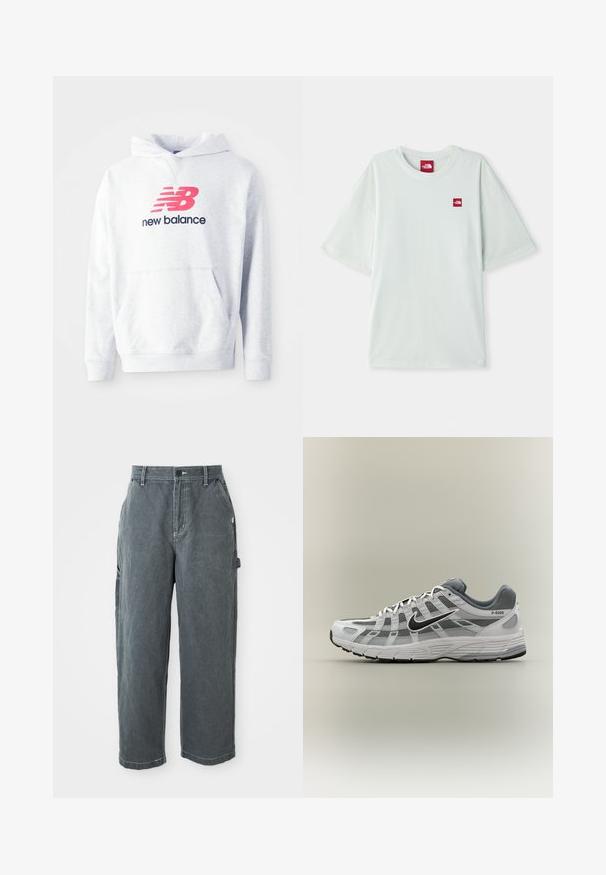 Svetlosivý mikina s predným klokanym vreckom a červeným logom "NB" nad textom "new balance" v čiernej farbe na hrudi.; Svetlozelené tričko s krátkymi rukávmi vyrobené z mäkkého bavlneného materiálu, so malou červenou logovou nášivkou na ľavej strane hrude. Vo voľnom strihu a s okrúhlym výstrihom.; Tmavošedé nohavice s rovnými nohavicami na prácu, s pútkami na opasok, predným gombíkom a zipsom, bočnými vreckami a háčikom na kladivo na pravej nohe.; Biela a sivá teniska Nike P-6000 s čiernym logom, sieťovinovými panelmi a štruktúrovanou podrážkou, zobrazená v bočnom profile na neutrálnom pozadí.