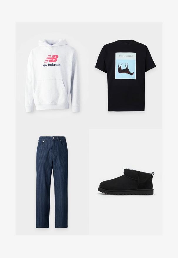 Heledhall hall eesega, millel on eesmine kangursahtel ja punane "NB" logo musta "new balance" teksti kohal rinnaeelsel osal.; Must T-särk, mille keskel on sinise ruudu sees ümberpööratud pruun hobuse illustratsioon ning selle kohal tekst "UPSIDE DOWN HORSE".; Tumed sinised teksapüksid vertikaalsete valgete triipudega, sirge säärega, viie taskuga ning metallist kinnitustega vöökohal.; Mustad nahkkingad pehme tekstuuriga voodriga, madala profiiliga kummitald ja tagaküljel tõmblukk mugavaks selga panemiseks.