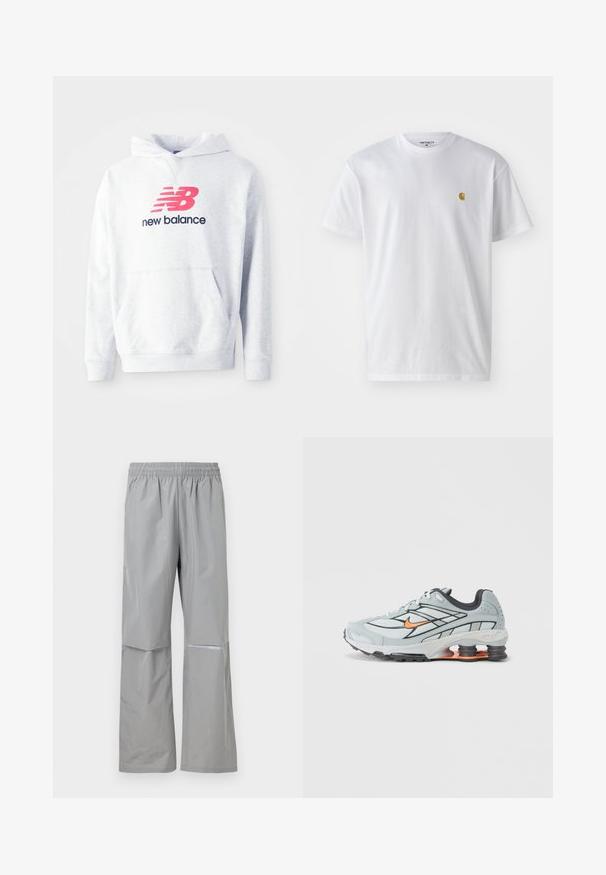 Lichtgrijze hoodie met een voorste kangoeroezak en een rood "NB" logo boven de tekst "new balance" in zwart op de borst.; Witte katoenen t-shirt met korte mouwen en ronde hals, voorzien van een klein gouden logo op de linkerkant van de borst. Zachte textuur en een normale pasvorm.; Lichtgrijze waterdichte regenbroek met elastische tailleband en reflecterende strip aan de rechterpijp, ontworpen voor buitengebruik.; Lichtgrijze hardloopschoen met zwarte accenten, oranje logo, bovenwerk van mesh, gevoerde kraag en rubberen zool met zichtbare schokabsorberende elementen.