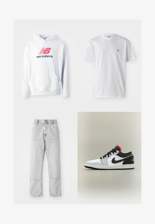 Svetlosivý mikina s predným klokanym vreckom a červeným logom "NB" nad textom "new balance" v čiernej farbe na hrudi.; Biele bavlnené tričko s krátkymi rukávmi, okrúhlym výstrihom, s malým zlatým logom na ľavej strane hrude. Mäkká textúra a normálny strih.; Svetlosivé džínsy s voľným strihom, ktoré majú veľké bočné vrecká, viditeľné švy a rovný strih nohy. Pás s pútkami na opasok.; Nízke športové tenisky v bielej, sivej a čiernej farbe s červenými akcentmi, čiernymi šnúrkami a čiernym logom Swoosh na boku.