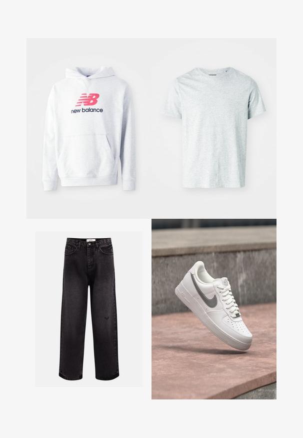 Heledhall hall eesega, millel on eesmine kangursahtel ja punane "NB" logo musta "new balance" teksti kohal rinnaeelsel osal.; Heled hõbehall lühikeste varrukatega T-särk, mis on valmistatud pehmest kangast. Särgile on iseloomulik ümar kaelus ja veidi lõdvestatud istuvus. Silmaga nähtavad mustrid ega graafika puuduvad.; Mustad denimistis püksid laia jala lõikega, millel on viis taskut, õmmeldud vöökoht ja diskreetne logo detail põlve lähedal.; Valge Nike Air Force 1 toss hallika Nike logoga, hõljumas kivil pinnal ja halli kivitahvli taustal.