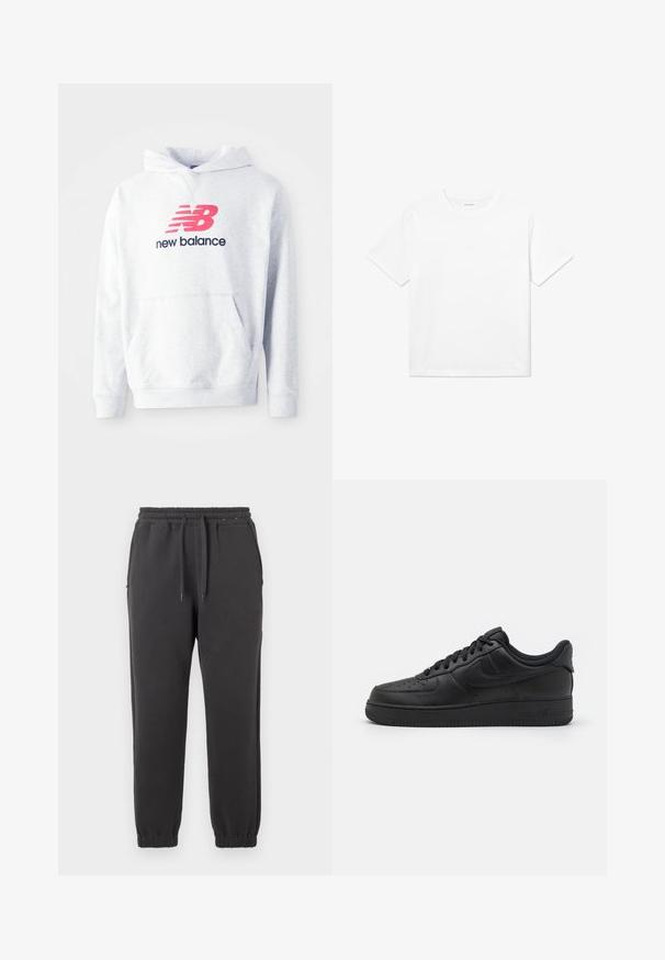 Svetlosivý mikina s predným klokanym vreckom a červeným logom "NB" nad textom "new balance" v čiernej farbe na hrudi.; Biela bavlnená tričko s krátkymi rukávmi, okrúhlym výstrihom a rovnou spodnou časťou. Hladká textúra bez viditeľných vzorov alebo akcentov.; Čierne tepláky vyrobené z jemného materiálu, s elastickým pásom na šnúrku, bočnými vreckami a zúženými manžetami na členkoch.; Nike Sportswear AIR FORCE 1 07 FLYEASE - Tenisky - black
