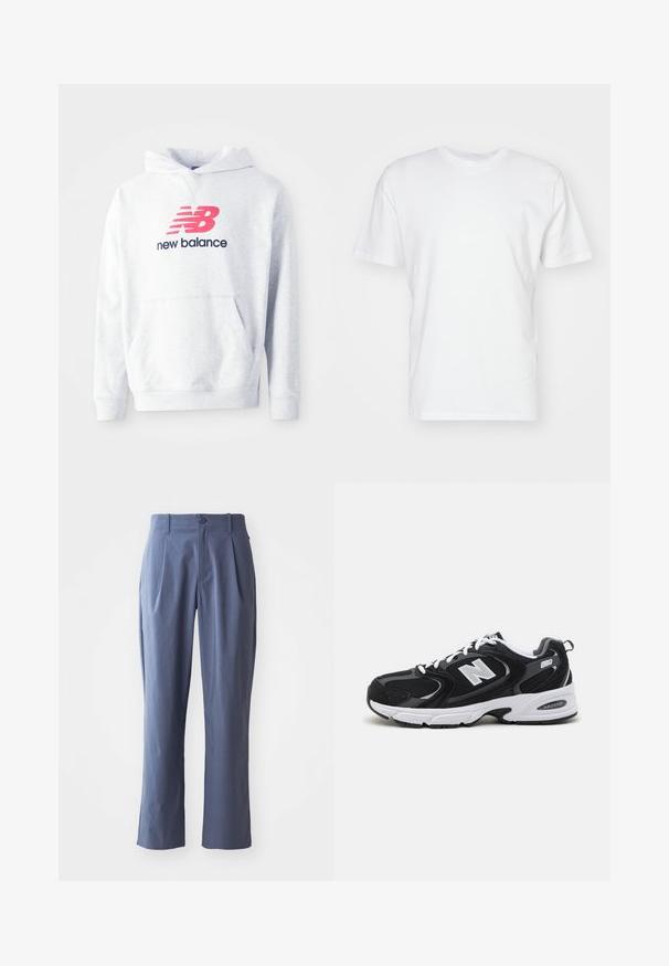 Svetlosivý mikina s predným klokanym vreckom a červeným logom "NB" nad textom "new balance" v čiernej farbe na hrudi.; Biela bavlnená tričko s krátkymi rukávmi, okrúhlym výstrihom a hladkou textúrou. Jednoduchý dizajn bez vzorov alebo grafiky.; Námornícke modré nohavice s záhybmi, rovného strihu, vyrobené z ľahkého materiálu, s jedným predným gombíkom a pútkami na opasok.; Čierne a šedé športové topánky s hornou časťou z mikrovlákna a zamatu, s bielou medzipodrážkou, šnúrkami a výrazným logom "N" na boku.