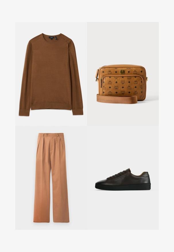 Suéter de punto marrón con cuello redondo, mangas largas tipo raglán y patrón texturizado. Presenta puños y dobladillo acanalados para un ajuste ceñido.; Pantalones de pierna ancha en color tostado, con un frente plano, pliegues y un cierre de un botón en la cintura. Textura suave y diseño de largo completo.; Zapatilla de perfil bajo de cuero marrón oscuro con suela de goma negra, cierre de cordones y diseño liso y minimalista sobre un fondo claro.; Bolso bandolera de cuero marrón claro con logotipos negros de MCM, bolsillo frontal con cremallera, placa dorada y correa de tela ajustable sobre fondo blanco.
