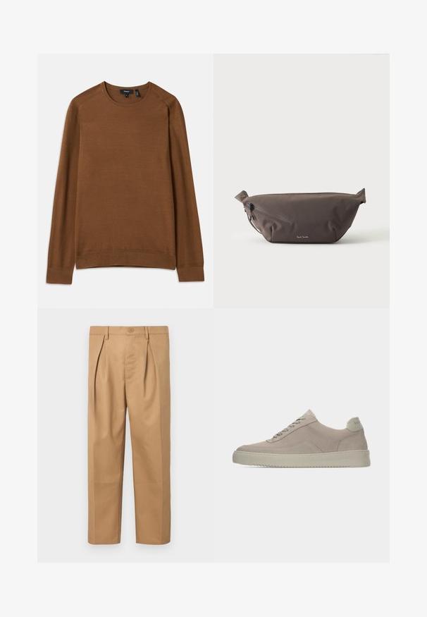 Suéter de punto marrón con cuello redondo, mangas largas tipo raglán y patrón texturizado. Presenta puños y dobladillo acanalados para un ajuste ceñido.; Pantalones de algodón color canela con un corte holgado, diseño plisado, cinturilla con cierre de botón y pernera recta. Textura suave sin patrones.; Zapatillas deportivas de ante beige con acabado texturizado, puntera redondeada y cordones tono sobre tono. Cuenta con una suela de goma gruesa y una sutil marca en el talón.; Riñonera de tela marrón oscuro con bolsillo diagonal con cremallera y pequeño logo blanco en el frontal, sobre un fondo liso y claro.
