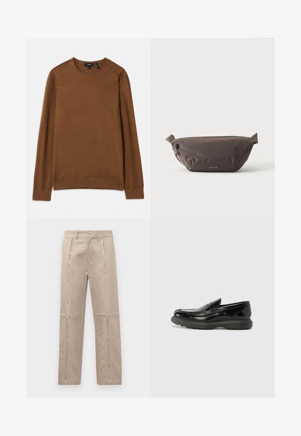 Suéter de punto marrón con cuello redondo, mangas largas tipo raglán y patrón texturizado. Presenta puños y dobladillo acanalados para un ajuste ceñido.; Pantalones beige con corte recto, que presentan franjas laterales de lentejuelas en color rosa dorado y sutiles detalles de costura en las piernas.; Mocasín de cuero negro con un acabado brillante, punta redondeada, detalles de costura sutiles y una suela de goma gruesa para mayor durabilidad.; Riñonera de tela marrón oscuro con bolsillo diagonal con cremallera y pequeño logo blanco en el frontal, sobre un fondo liso y claro.