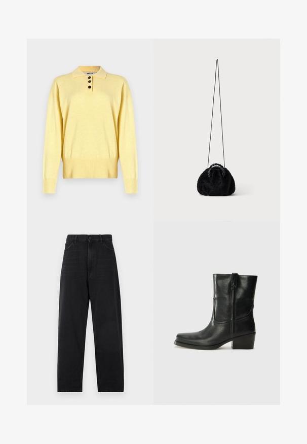 Gul strikket polo sweater med krave, der har tre mørke knapper, ribbet bund og lange ærmer, lavet af blødt stof.; Sorte denimjeans med høj talje, lige ben-design, knaplukning og klassisk fem-lomme stil. Glat tekstur med diskret syning.; Sort læder ankelstøvle med rundt tå, blokhæl, lynlås i siden og stikninger på vampsiden. Glat tekstur, klassisk design.; Lille sort taske i kunstpels med flettede top-håndtag og lang tynd skulderrem på ensfarvet baggrund.