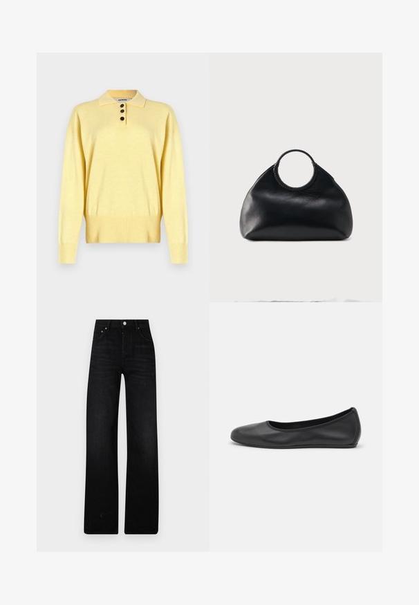 Gul strikket polo sweater med krave, der har tre mørke knapper, ribbet bund og lange ærmer, lavet af blødt stof.; Sorte brede ben jeans lavet af denim. Har en høj talje, to forlommer og metalknaplukning. Struktureret overflade med minimal blege.; Sort læderballetsko med rund tå, glat tekstur, minimal syning og et fleksibelt såldesign.; Sort læderhåndtaske med rundet form og cirkulært top-håndtag indpakket i matchende lædersyning.