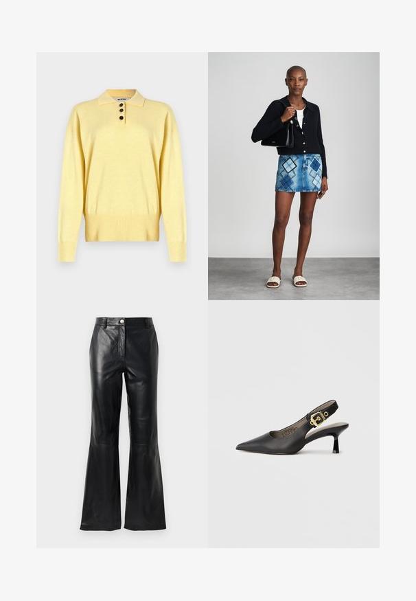 Gul strikket polo sweater med krave, der har tre mørke knapper, ribbet bund og lange ærmer, lavet af blødt stof.; Sorte faux læderbukser med høj talje, knaplukning, bæltesløjfer og flagrende ben foran en hvid baggrund.; Sort slingback højhælt sko med spids tå, glat læderstruktur og en guldfarvet spændeaccent på remmen.; Sort striktrøje, hvid top, denimnederdel med blå og sort diamantmønster, sort håndtaske og beige slidesandaler.