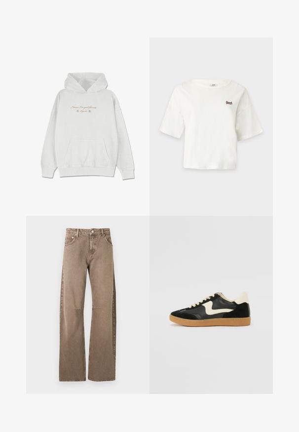 Hoodie gris clair en tissu doux avec une poche avant. Présente du texte en cursive et des accents floraux au niveau de la poitrine.; T-shirt court blanc à manches courtes avec col rond et petit texte marron "Sweet" sur la poitrine gauche.; Jeans marron clair taille haute, coupe droite, avec bouton et fermeture éclair à l'avant, poches avant et arrière, présentés sur un fond blanc.; Baskets en daim et cuir noir avec un swoosh latéral crème et un talon crème clair. Dotées de lacets beige et d'une semelle en caoutchouc gomme.