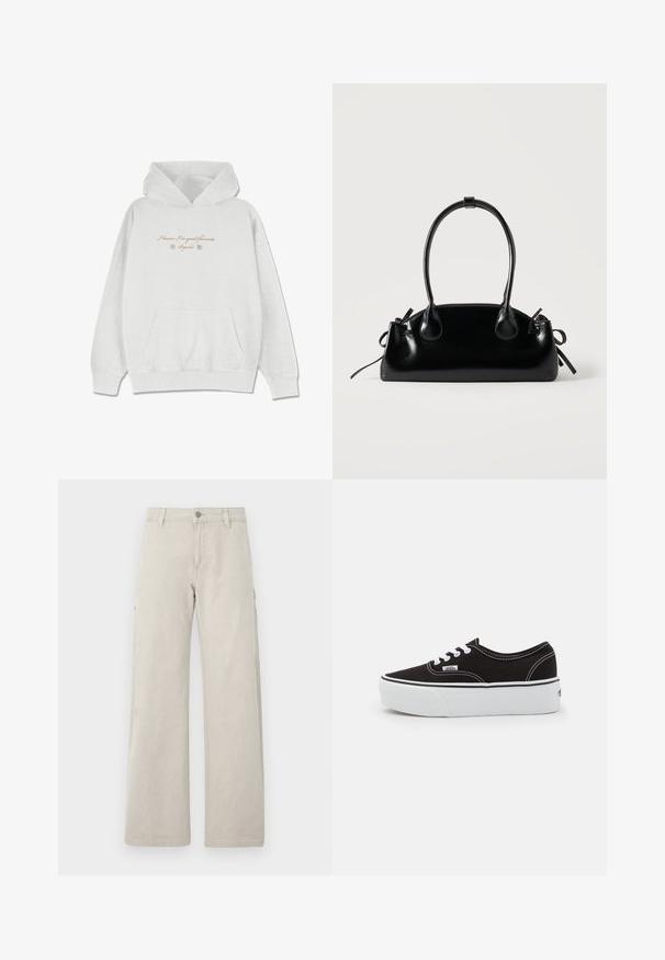 Hellgrauer Hoodie aus weichem Stoff mit einer frontalen Taschen. Verziert mit geschwungenem Text und Blumenakzenten im Brustbereich.; Beige Cargo-Hose mit geradem, weitem Bein, ausgestattet mit Seitentaschen und einem Knopfverschluss, aus robustem Baumwollmaterial gefertigt.; Schwarze Leinensneaker mit einer weißen Gummiplattformsohle, weißen Schnürsenkeln und Nähten, ikonischer Markenaufdruck an der Seite, im Low-Top-Design.; Kleine schwarze glänzende Handtasche mit zwei langen Griffen und seitlichen Kordelzug-Details vor einfachem hellem Hintergrund.