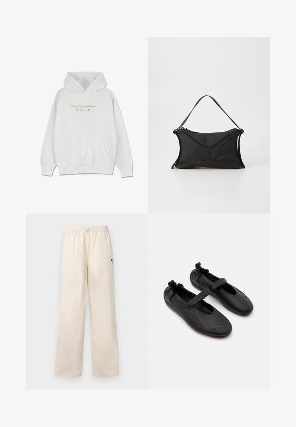Hellgrauer Hoodie aus weichem Stoff mit einer frontalen Taschen. Verziert mit geschwungenem Text und Blumenakzenten im Brustbereich.; Helle beige weite Hosen mit elastischem Bund und Kordelzug. Auf der Seite befindet sich ein kleines schwarzes Logo. Glatte Textur.; Paar schwarze Leder Mary Jane-Schuhe mit elastischem Fersenbereich und Klettverschluss, mit einem dezenten Puma-Logo auf jeder Zehe.; Schwarze Handtasche aus weichem, strukturiertem Material. Merkmale ein gewelltes Design, einen einzelnen Schultergurt und ein dezentes Logo-Detail auf der Vorderseite.
