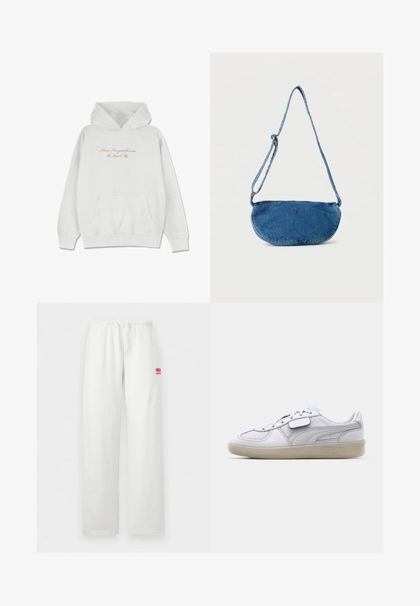 Hoodie gris clair en tissu doux avec une poche avant. Présente du texte en cursive et des accents floraux au niveau de la poitrine.; Pantalon de survêtement blanc à taille élastique avec jambes droites et petit logo rouge sur la cuisse droite indiquant "RVCA SURF CO."; Baskets blanches en cuir avec des accents gris, fermeture à lacets et semelle en caoutchouc texturée. Présente un logo bien en vue sur le côté.; Sac bandoulière en jean bleu avec sangle ajustable et petit logo métallique sur le devant, présenté sur fond blanc.