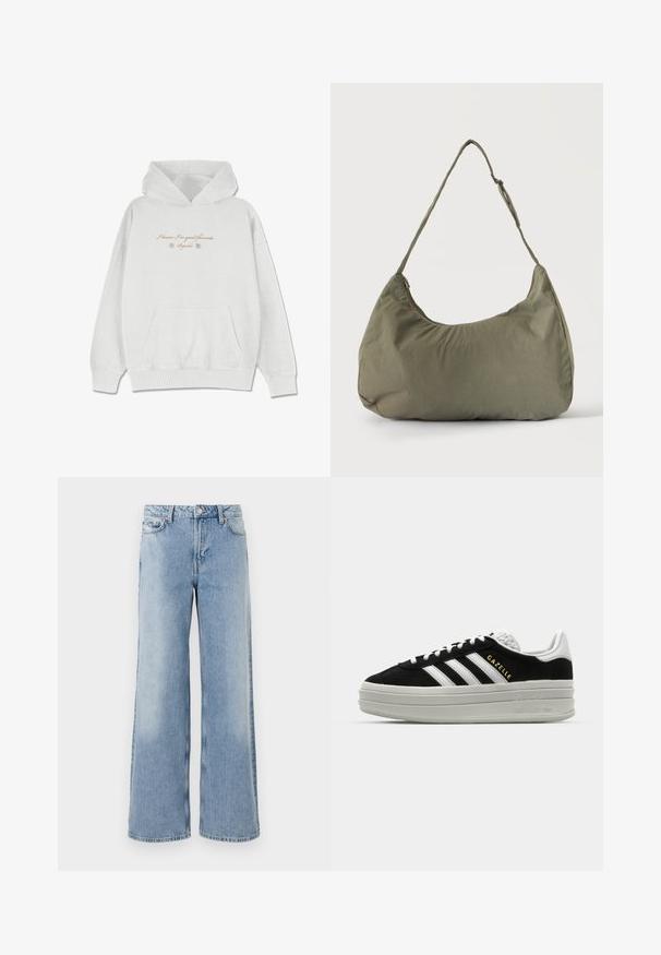 Sudadera gris claro hecha de una tela suave con un bolsillo frontal. Presenta texto en cursiva y acentos de flores en la zona del pecho.; Jeans de pernera ancha de color azul claro con un lavado desgastado, cinco bolsillos, cierre de botón y bajos rectos. Fabricados en denim con una textura suave.; Zapatillas negras de ante con detalles en cuero blanco, tres rayas blancas, cordones planos y una gruesa suela de plataforma gris. Marca "Gazelle" en dorado.; Bolso de hombro de tela suave color verde oliva con cierre de cremallera y correa ajustable sobre un fondo liso y claro.
