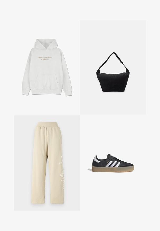 Sudadera gris claro hecha de una tela suave con un bolsillo frontal. Presenta texto en cursiva y acentos de flores en la zona del pecho.; Pantalones de chándal beige, de corte relajado, con una cintura elástica, bolsillos laterales y un detalle gráfico blanco a lo largo de la pierna izquierda. Material de algodón suave.; Zapatilla deportiva de cuero negro con tres rayas plateadas, punta texturizada y suela de goma. Cuenta con un collar acolchado y un diseño con cordones.; Bolso de hombro de tela negro con una superficie suave y texturizada, forma redondeada y una sola correa. Diseño minimalista sin hardware ni acentos visibles.