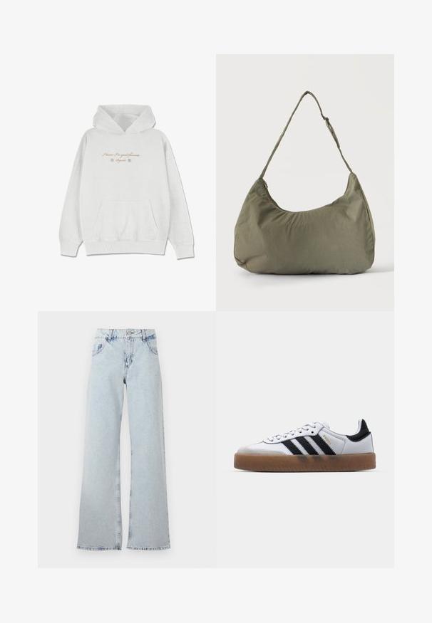 Hoodie gris clair en tissu doux avec une poche avant. Présente du texte en cursive et des accents floraux au niveau de la poitrine.; Jeans large bleu clair en denim, avec une taille haute, des passants de ceinture, cinq poches et des zones décolorées pour un aspect vintage.; Baskets en cuir blanc avec des rayures noires, semelle extérieure en caoutchouc beige, bout rond, fermeture lacée et embout en suède gris doux.; Sac à épaule en tissu doux vert olive avec fermeture éclair et bandoulière réglable sur un fond uni clair.
