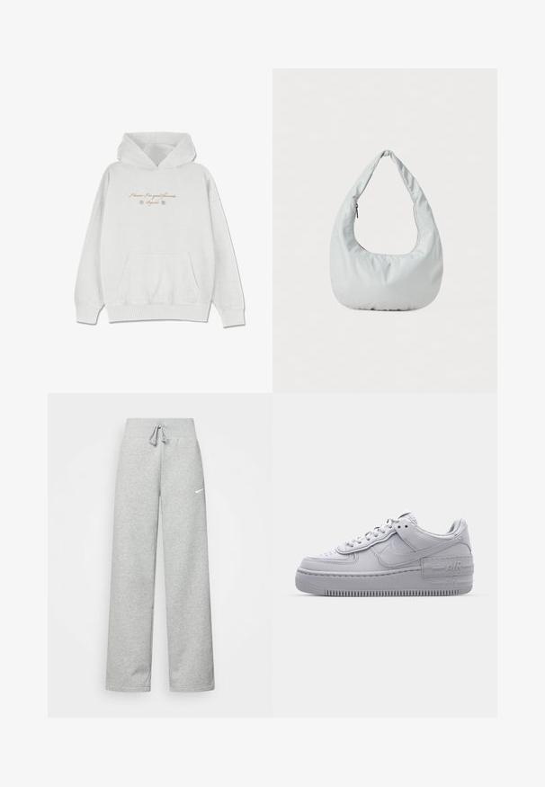 Sudadera gris claro hecha de una tela suave con un bolsillo frontal. Presenta texto en cursiva y acentos de flores en la zona del pecho.; Pantalones de chándal grises con cintura elástica, detalle de cordón y un pequeño logo blanco de Nike en el muslo izquierdo. Tejido suave, de corte holgado.; Zapatilla Nike Air Force 1 gris con puntera perforada, parte superior de cuero suave, suela gruesa y detalle en relieve 'AIR' en el talón.; Bolso hobo suave y de color gris claro, hecho de material sintético. Cuenta con un asa acolchada y un compartimento con cremallera en el lateral.