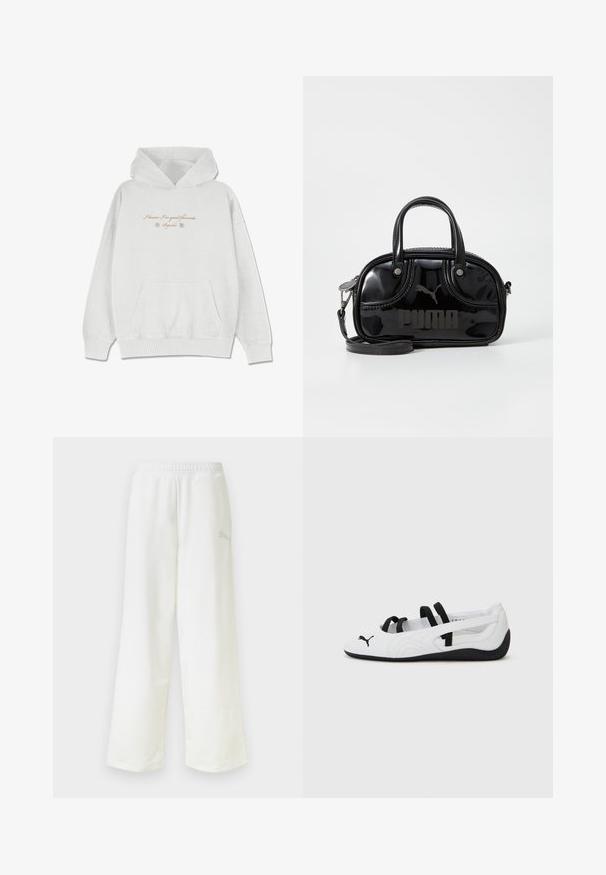 Sudadera gris claro hecha de una tela suave con un bolsillo frontal. Presenta texto en cursiva y acentos de flores en la zona del pecho.; Pantalones deportivos blancos de corte holgado con cintura elástica y un logo sutil en el lateral del muslo derecho.; Zapatillas deportivas blancas con acentos negros, que presentan una punta redondeada, correas elásticas y una suela de goma texturizada. Logo de Puma en la parte frontal.; Bolso de mano de charol negro con dos asas superiores, correa para el hombro desmontable, forma redondeada y destacado logo en relieve de "PUMA".
