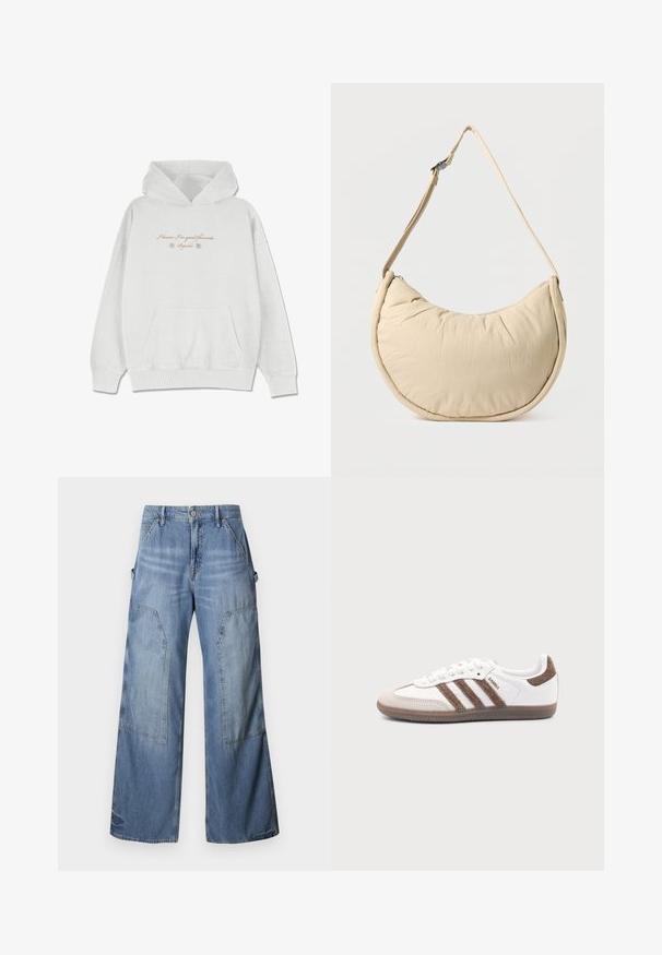 Lichtgrijze hoodie van zacht materiaal met een voorzak. Kenmerkt cursieve tekst en bloemaccenten op de borst.; Good American GOOD EASE RELAXED - Relaxed fit jeans - indigo; Witte Adidas Samba sneaker met bruine suède strepen, bruine rubberen zool en beige suède neuskap, getoond vanaf de buitenkant op een effen achtergrond.; Beige schoudertas in halve maanvorm met een zachte, gewatteerde textuur. Voorzien van een verstelbare riem en een ritssluiting langs de bovenkant.