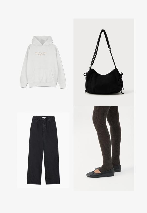Sudadera gris claro hecha de una tela suave con un bolsillo frontal. Presenta texto en cursiva y acentos de flores en la zona del pecho.; Jeans de mezclilla negros de talle alto y pierna ancha con cierre frontal de botón y cremallera, pasadores para el cinturón y estilo de cinco bolsillos.; Piernas con leggings oscuros acanalados combinados con bailarinas negras que presentan pequeños detalles de lazo sobre un fondo blanco.; Bolso de hombro de pana negra con forma curva, correa ajustable y cierres de cordón en ambos lados para ajustar el tamaño.