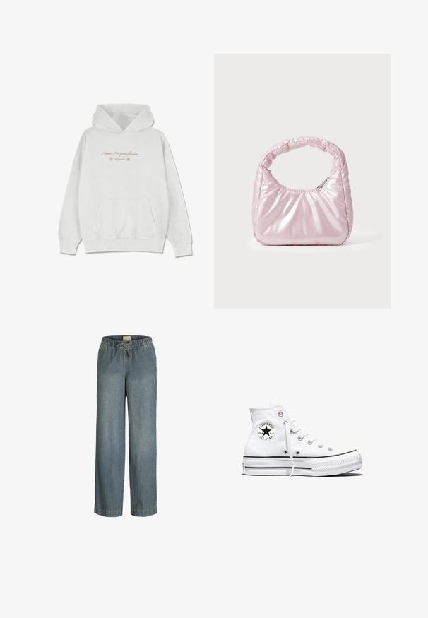 Sudadera gris claro hecha de una tela suave con un bolsillo frontal. Presenta texto en cursiva y acentos de flores en la zona del pecho.; Pantalones de mezclilla de un azul claro con un diseño de pierna ancha, cinturilla elástica y cordón. Presentan costuras estándar y sin bolsillos visibles.; Zapatilla blanca de caña alta Converse Chuck Taylor All Star con parche de logo negro y cordones blancos, presentada sobre fondo blanco.; Bolso de mano acolchado en color rosa con un diseño redondeado, fabricado en material brillante. Presenta un asa fruncida y un cierre de cremallera para un acceso seguro.