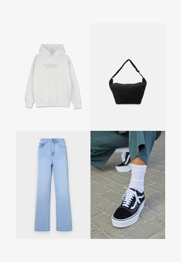 Lichtgrijze hoodie van zacht materiaal met een voorzak. Kenmerkt cursieve tekst en bloemaccenten op de borst.; Lichtblauwe high-waisted jeans met een wijd uitlopende pasvorm, gemaakt van denim. Kenmerkt zich door opvallende stiksels en een vijf-pocket styling.; Zwarte suède sneaker met witte accenten en veters, uitgerust met een dikke witte zool en contrasterende stiksels, gecombineerd met een witte sok.; Zwarte stoffen schoudertas met een zachte, gestructureerde oppervlakte, ronde vorm en een enkele strap. Minimalistisch ontwerp zonder zichtbare hardware of accenten.