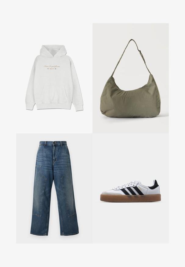 Hoodie gris clair en tissu doux avec une poche avant. Présente du texte en cursive et des accents floraux au niveau de la poitrine.; Jean en denim à jambe large avec une teinte bleu moyen, doté d'une taille haute et de détails en panneaux contrastants. Fabriqué en coton robuste.; Baskets en cuir blanc avec des rayures noires, semelle extérieure en caoutchouc beige, bout rond, fermeture lacée et embout en suède gris doux.; Sac à épaule en tissu doux vert olive avec fermeture éclair et bandoulière réglable sur un fond uni clair.
