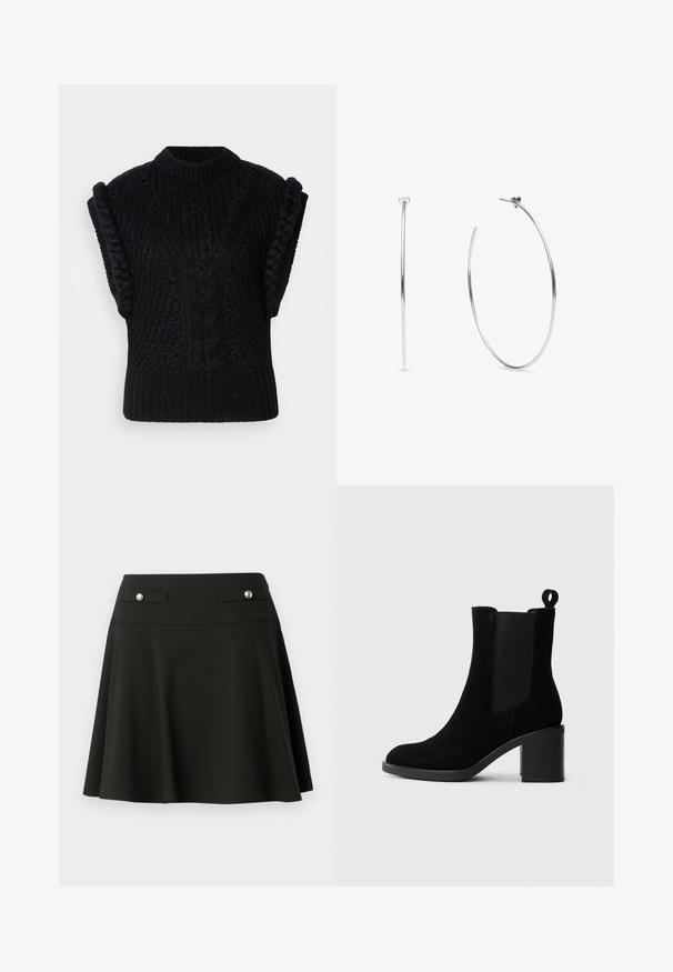 Pull sans manches en tricot noir avec des motifs en relief en torsades, un design texturé et des accents tressés sur les épaules. Encolure ronde.; Jupe patineuse noire en tissu doux, dotée de deux poches avant avec des boutons décoratifs et d'une coupe évasée à partir de la taille.; Bottine en suède noir avec un talon épais, des panneaux latéraux élastiques et une languette. Texture lisse et design à bout rond.; Grands créoles fines en argent avec des clous en forme de cœur, vues de côté et en angle sur fond blanc.