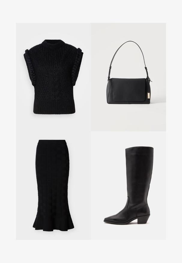 Pull sans manches en tricot noir avec des motifs en relief en torsades, un design texturé et des accents tressés sur les épaules. Encolure ronde.; Jupe midi noire avec motif texturé carré et ourlet évasé sur fond blanc.; Botte en cuir noire mi-mollet avec un bout pointu et un talon bas incliné sur un fond clair uni.; Sac à bandoulière en cuir noir avec fermeture à rabat et une seule sangle, avec une étiquette rectangulaire dorée attachée sur un côté.