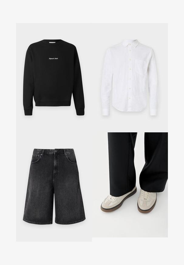 Schwarzer Sweatshirt mit rundem Ausschnitt, langen Ärmeln und gerippten Bündchen, mit "Original Studio" in Weiß auf der Vorderseite gestickt.; Weißes Leinenhemd mit langen Ärmeln, Knopf-Down-Kragen, Brusttasche und perlmuttfarbenen Knöpfen. Mit abgerundetem Saum und strukturiertem Stoff.; Schwarze Jeans-Shorts mit einem weit geschnittenen, geraden Schnitt, mit einem Frontknopfverschluss und fünf Taschen. Weiche Textur mit einem verwehten Finish.; Füße mit beigen Sneakers mit braunen Sohlen und schwarzen Hosen mit weitem Bein auf weißem Hintergrund.