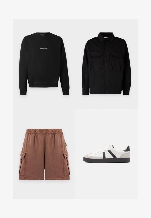 Mustahi sweatshirt mweusi yenye shingo iliyo na umbo la duara, mikono mirefu, na cuffs zenye ribbed, ikiwa na maandiko ya "Studio asilia" yaliyoashiriwa kwa rangi nyeupe mbele.; Jack & Jones JCOHELVETICA PARACHUTE OVERSHIRT - Vapaa-ajan kauluspaita - black; Ruske cargo kratke hlače z elastičnim pasom in zložljivimi žepi na vsaki strani, prikazane na enobarvni beli ozadju.; Valkoiset lenkkarit mustilla ja harmailla yksityiskohdilla, joissa on teksturoitu harmaa kärki, musta kumipohja ja litteät valkoiset nauhat. Siisti muotoilu, minimalistinen tyyli.