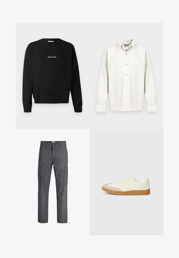 Schwarzer Sweatshirt mit rundem Ausschnitt, langen Ärmeln und gerippten Bündchen, mit "Original Studio" in Weiß auf der Vorderseite gestickt.; Baumwoll-Cordhemd in Off-White, mit langen Ärmeln, durchgehender Knopfleiste, zwei Brusttaschen und einem lockeren Schnitt mit dezentem Rippmuster.; Dunkelgraue Cargo-Hosen mit gerader Passform, die mehrere Seitentaschen und einen Knopfverschluss an der Taille aufweisen. Material aus Baumwollmischung.; Sneaker aus weißem Leder mit einer beigen Zehenkappe und leichter brauner Gummisohle. Verfügt über flache weiße Schnürsenkel und geprägtes Branding an der Seite.