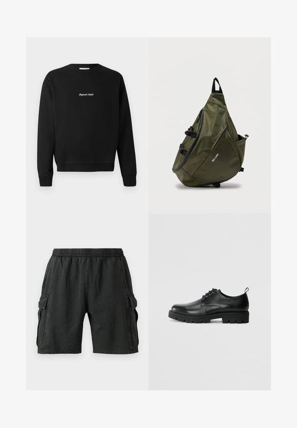 Mustahi sweatshirt mweusi yenye shingo iliyo na umbo la duara, mikono mirefu, na cuffs zenye ribbed, ikiwa na maandiko ya "Studio asilia" yaliyoashiriwa kwa rangi nyeupe mbele.; Mustat cargo-shortsit, joissa on joustava vyötärö, kaksi sivutaskua ja kaksi cargo-taskua sivuilla. Valmistettu pehmeästä, kevyestä kankaasta.; Mustasukkaiset nahkakengät pyöreällä varpaalla, joissa on nauhakiinnitys, kestävä musta kumipohja ja pieni kantakappale takana.; Oliivinvihreä kolmionmuotoinen rintarepussa, jossa on musta vetoketju, säädettävä hihna, sivutasku ja "ONLY SONS" -logo edessä.
