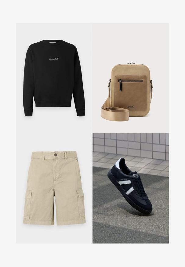 Schwarzer Sweatshirt mit rundem Ausschnitt, langen Ärmeln und gerippten Bündchen, mit "Original Studio" in Weiß auf der Vorderseite gestickt.; Beige Cargo-Shorts aus Baumwolle, mit Seitentaschen, einem Knopfverschluss und einem geraden Schnitt, der einen lässigen Look bietet.; Schwarze Leder-Sneaker mit weißen Streifen, strukturiertem Gummisohle und Schnürung. Verfügt über ein Markenetikett auf der Zunge.; Kleine beige Umhängetasche mit vorderer Reißverschlusstasche, metallischem ALDO-Logo, verstellbarem breitem Riemen und abgerundeter rechteckiger Form vor weißem Hintergrund.