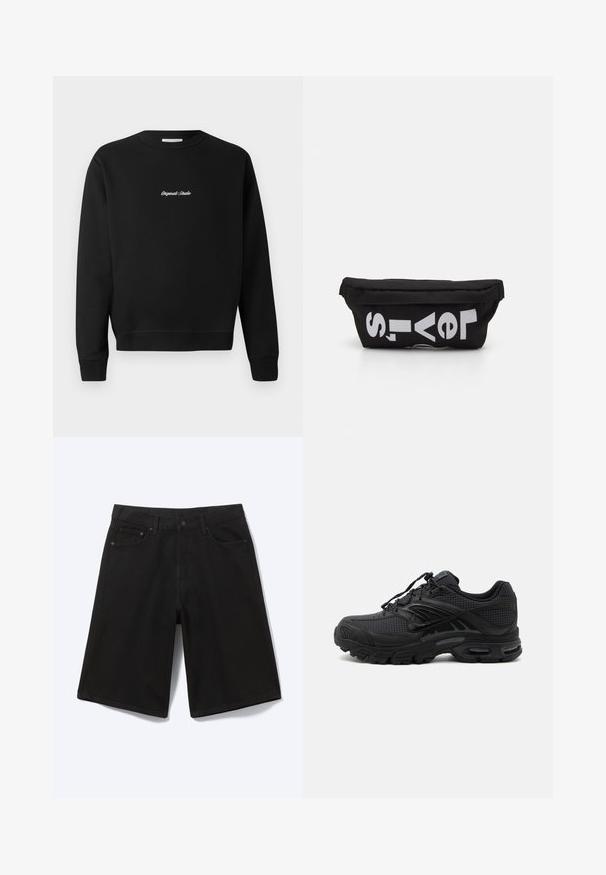 Schwarzer Sweatshirt mit rundem Ausschnitt, langen Ärmeln und gerippten Bündchen, mit "Original Studio" in Weiß auf der Vorderseite gestickt.; Schwarze knielange Jeansshorts mit Frontknopf, Gürtelschlaufen und fünf Taschen, dargestellt vor weißem Hintergrund.; Schwarzer athletischer Sneaker mit strukturiertem Stoff, dicker gepolsterter Sohle, Luftauslässen und Schnürverschluss, von der Seite auf hellem Hintergrund gezeigt.; Schwarze Stofftasche mit flacher Form, mit fettgedrucktem weißen Text. Der Reißverschluss befindet sich oben, mit einer Schlaufe an einer Seite.