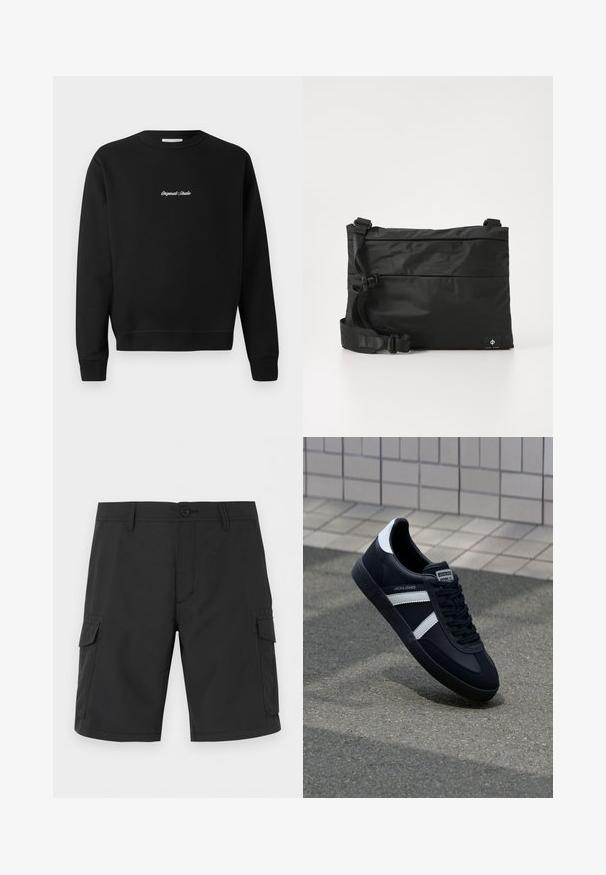 Schwarzer Sweatshirt mit rundem Ausschnitt, langen Ärmeln und gerippten Bündchen, mit "Original Studio" in Weiß auf der Vorderseite gestickt.; Schwarze kniehohe Cargoshorts mit Gürtelschlaufen, Knopfverschluss, aufgesetzten Taschen vorne und Klappentaschen auf beiden Seiten.; Schwarze Leder-Sneaker mit weißen Streifen, strukturiertem Gummisohle und Schnürung. Verfügt über ein Markenetikett auf der Zunge.; Schwarze Nylon-Umhängetasche mit verstellbarem Riemen, flachem Design und seitlichem Etikett mit Logo. Glatte Textur und minimalistischer Stil.